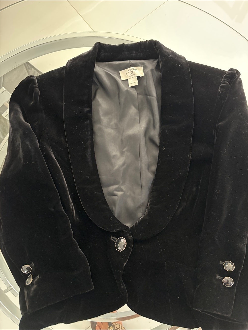 LOFT Black Velvet Shawl-Collar Blazer with Crystal Buttons